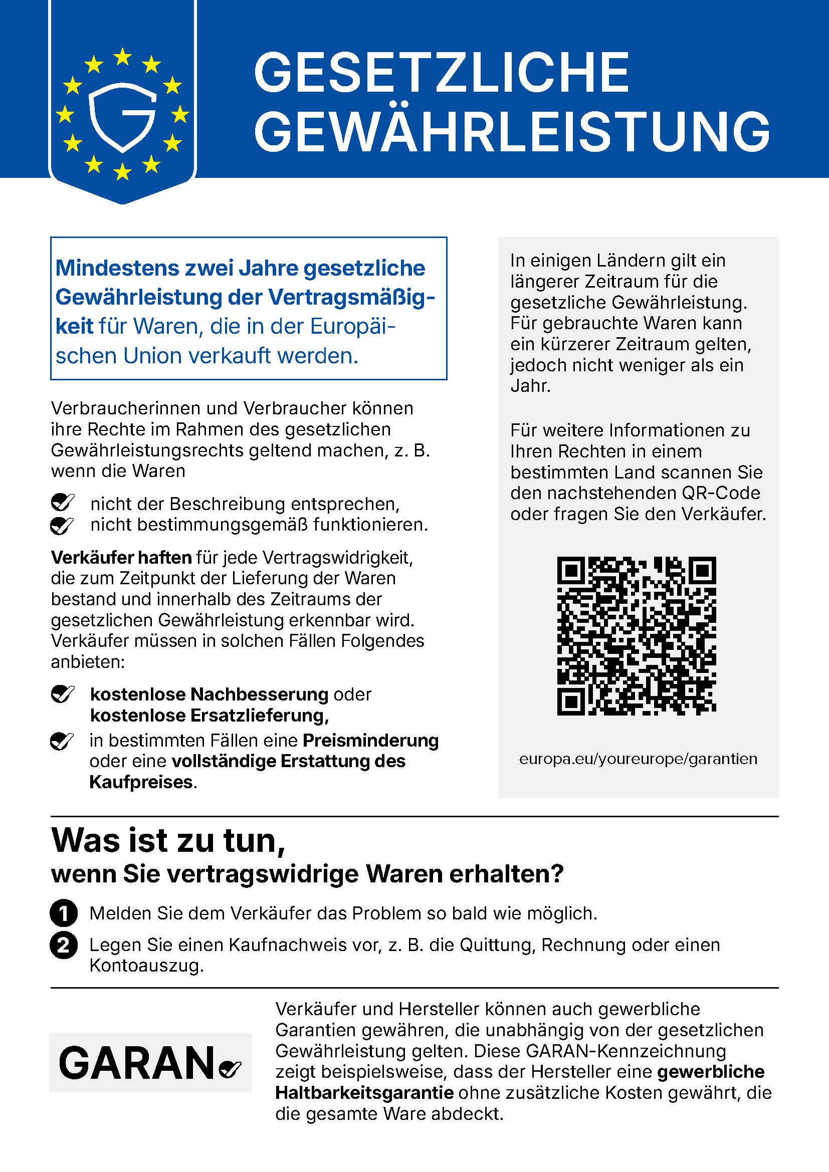 Gesetzliche Gew&auml;hrleistung: Mindestens zwei Jahre gesetzliche Gew&auml;hrleistung der Vertragsm&auml;&szlig;igkeit f&uuml;r Waren, die in der Europ&auml;ischen Union verkauft werden.